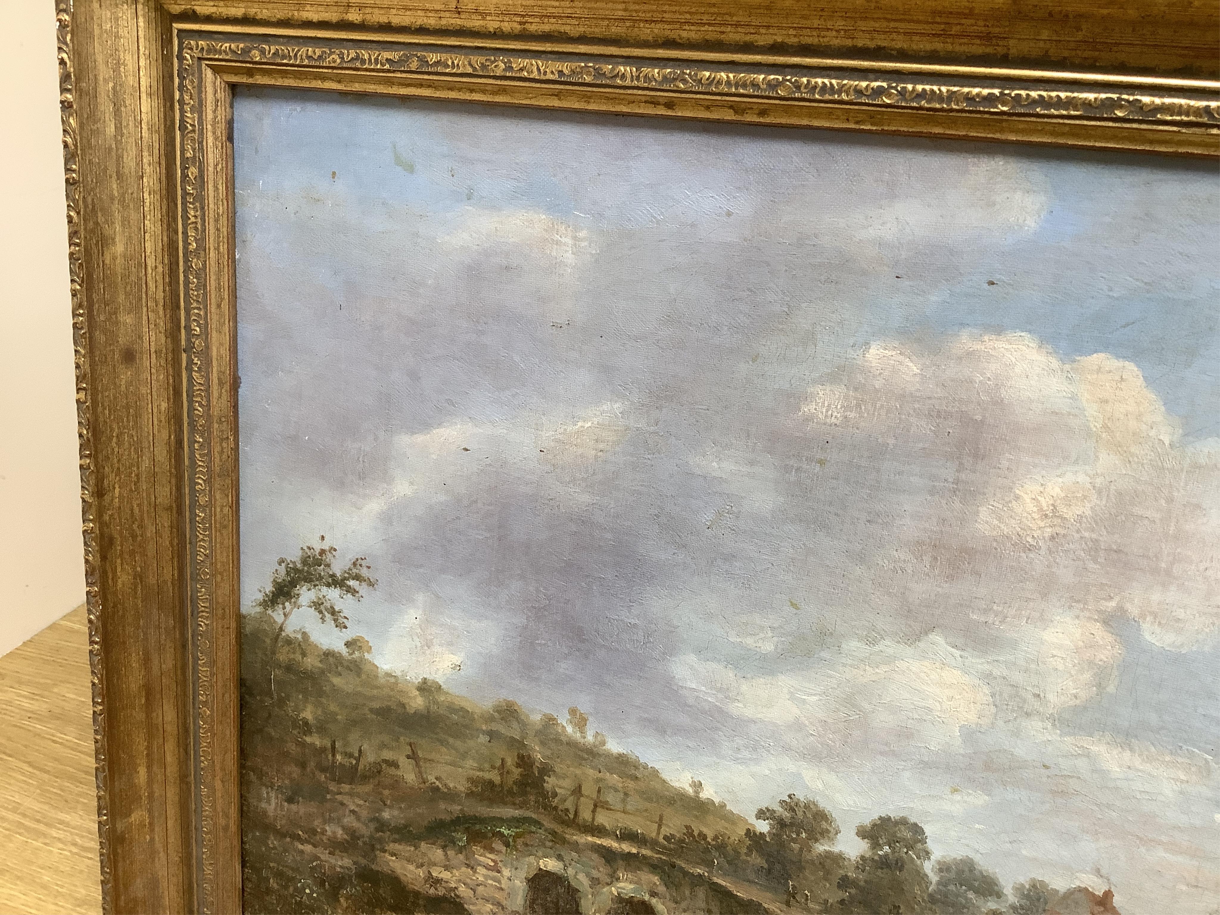 19th century, English School, Riverscape with children fishing, unsigned, oil on canvas, 48 x 64cm, gilt frame